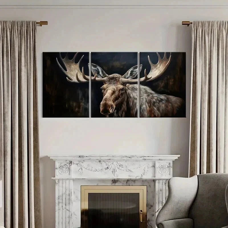 3pcs Moose Antlers Forest Night Wildlife Wall Art Set Canvas Framed 50x70cm - High Quality Print 100% Australian Made Wall Canvas Ready to Hang - Bella Home Decor