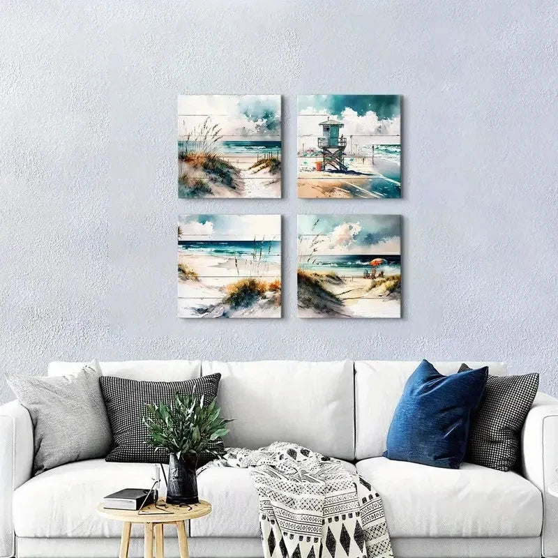 4pcs Teal Blue Beach Scenery  Wall Art Canvas Framed
