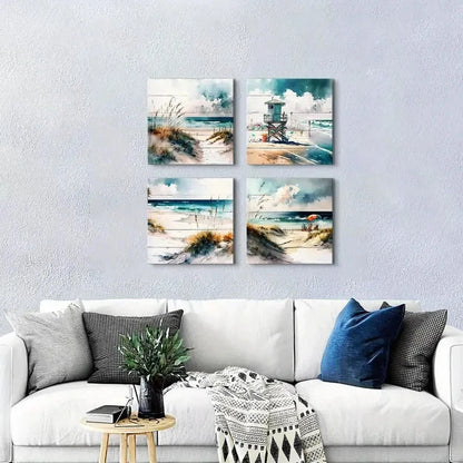 4pcs Teal Blue Beach Scenery  Wall Art Canvas Framed
