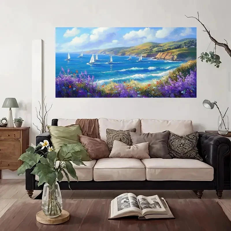 Vibrant Sailboats & Wildflowers Wall Art Canvas Office Home Room Framed 120x60cm