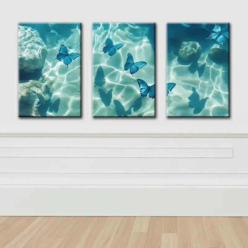 3pcs Blue Butterfly Modern Decor Wall Art Set Canvas Framed 60x90cm - High Quality Print 100% Australian Made Wall Canvas Ready to Hang - Bella Home Decor