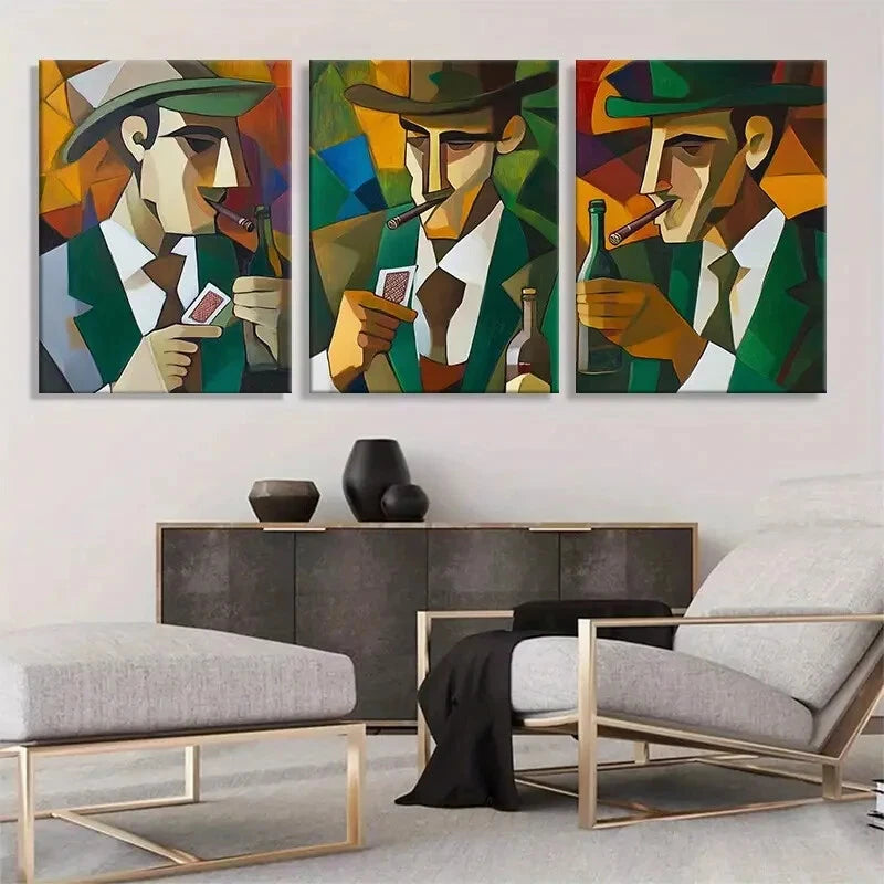 3pcs Cubism Gentleman Vintage Cigar Perfect Wall Art Set Canvas Framed 40x60cm - High Quality Print 100% Australian Made Wall Canvas Ready to Hang