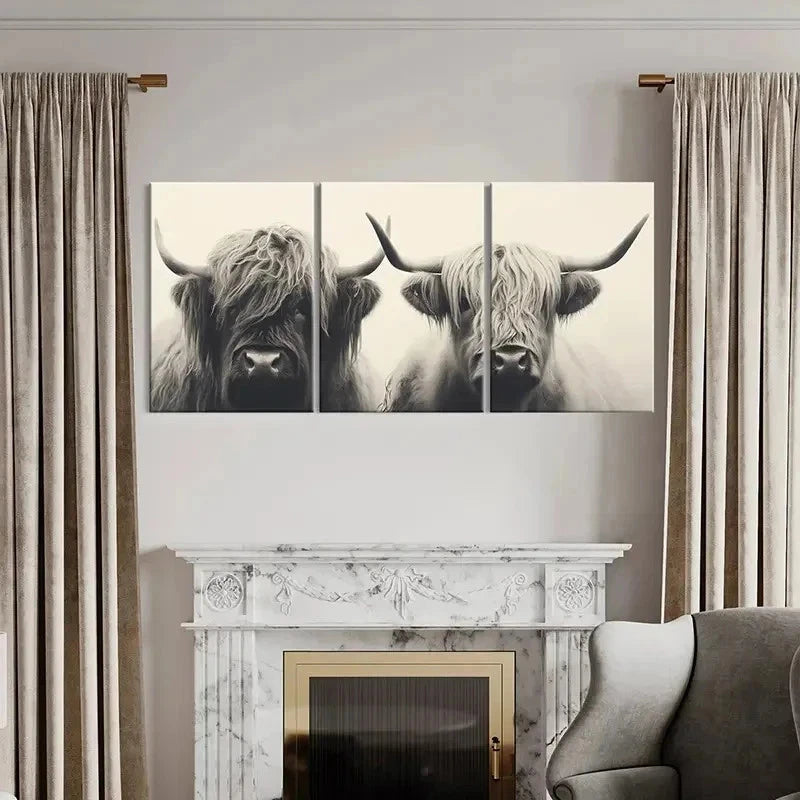 3pcs Highland Cattle Vintage Painting Wall Art Set Canvas Framed 60x90cm - High Quality Print 100% Australian Made Wall Canvas Ready to Hang