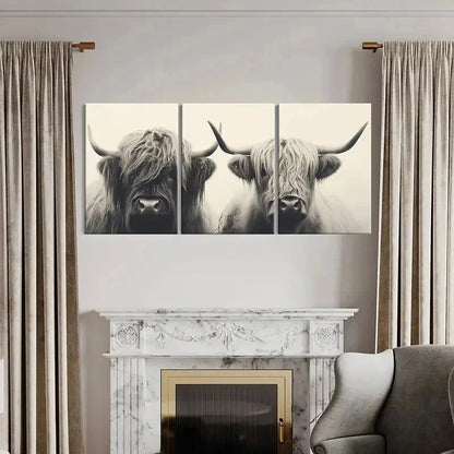 3pcs Highland Cattle Vintage Painting Wall Art Set Canvas Framed 60x90cm - High Quality Print 100% Australian Made Wall Canvas Ready to Hang