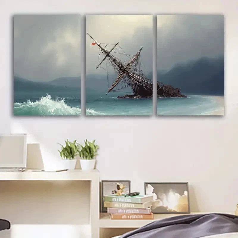3pcs Nautical Ship at Sea Maritime Scene Wall Art Set Canvas Framed 60x90cm - High Quality Print 100% Australian Made Wall Canvas Ready to Hang