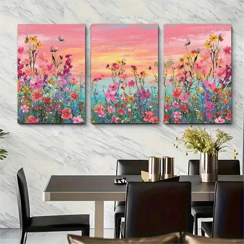 3pcs Summer Sunrise Coastal Wildflower Perfect Wall Art Set Canvas Framed 50x70cm - High Quality Print 100% Australian Made Wall Canvas Ready to Hang