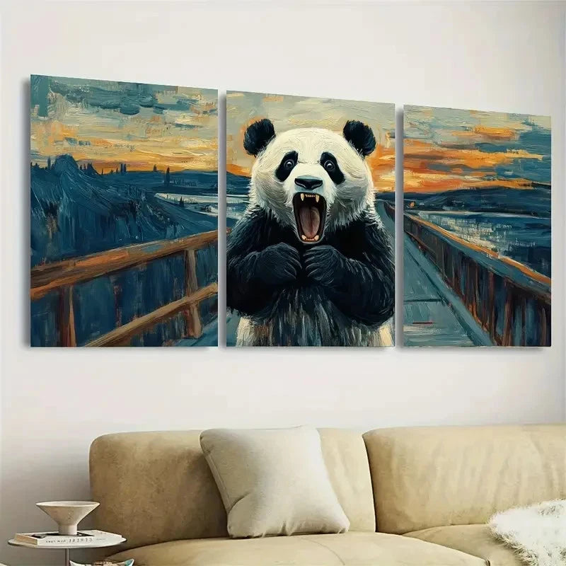 3pcs Panda in The Scream Impressionism Wall Art Set Canvas Framed 50x70cm - High Quality Print 100% Australian Made Wall Canvas Ready to Hang