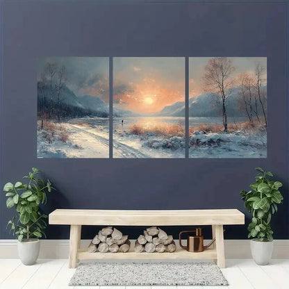 3pcs Snowy Mountain River Scene with Bare Trees Wall Art Set Canvas Framed 60x90cm - High Quality Print 100% Australian Made Wall Canvas Ready to Hang - Bella Home Decor