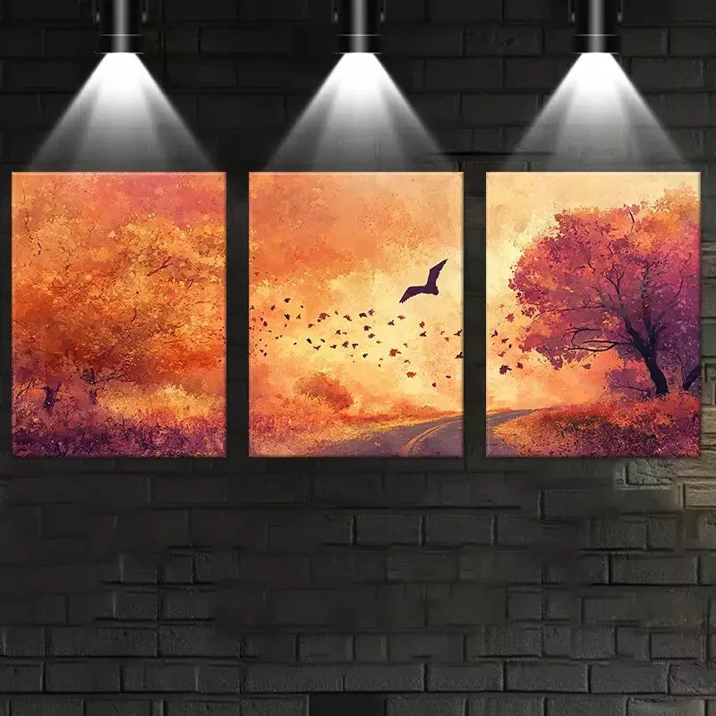 3pcs Vibrant Autumn Path, Trees & Bats Scene Wall Art Set Canvas Framed 50x70cm - High Quality Print 100% Australian Made Wall Canvas Ready to Hang