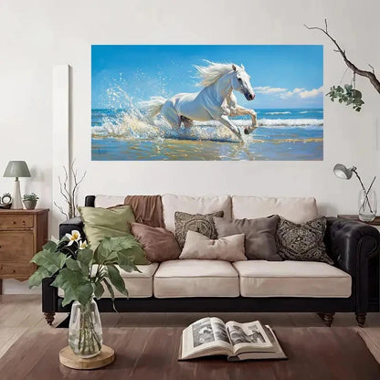 Galloping White Horse Wall Art Canvas Office Home Room Framed 120x60cm