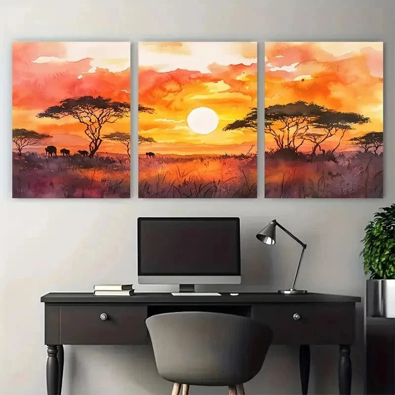 3pcs African Sunset African Scenic Perfect Wall Art Set Canvas Framed 50x70cm - High Quality Print 100% Australian Made Wall Canvas Ready to Hang - Bella Home Decor