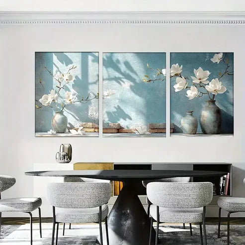 3pcs Modern Elegant Blue Vase Magnolia Floral Wall Art Canvas Unframed - High Quality Print 100% Australian Made Wall Canvas
