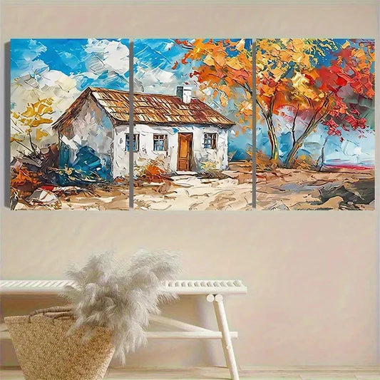3pcs Cozy Autumn Cottage Landscape Wall Art Set Canvas Framed 40x60cm - High Quality Print 100% Australian Made Wall Canvas Ready to Hang
