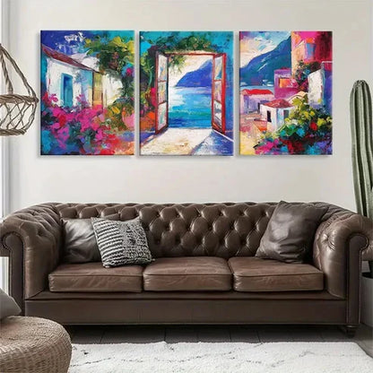 3pcs Mediterranean Village Vibrant Perfect Wall Art Set Canvas Unframed - High Quality Print 100% Australian Made Wall Canvas