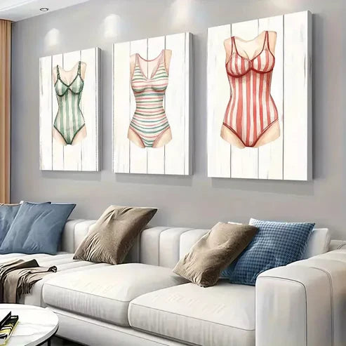 3 PCS Vintage Style Swimsuit Triptych Wall Art Set Canvas Unframed - High Quality Print 100% Australian Made Wall Canvas - Bella Home Decor