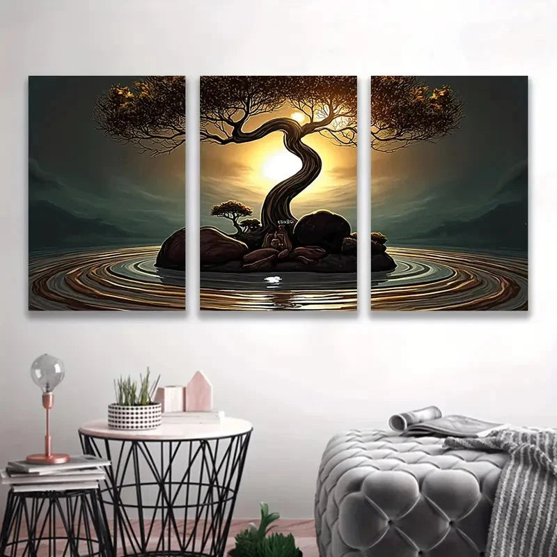 3pcs Bonsai Tree Sunset Vertical Nature Scenes Wall Art Set Canvas Framed 60x90cm - High Quality Print 100% Australian Made Wall Canvas Ready to Hang - Bella Home Decor