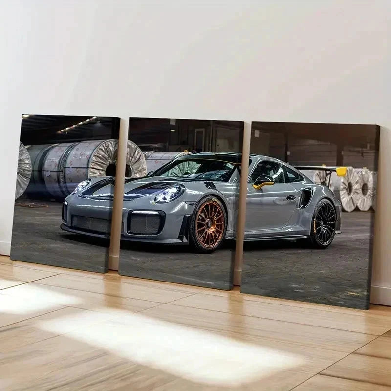 3pcs Silver Porsche Sports Car Modern Wall Art Set Canvas Framed 50x70cm - High Quality Print 100% Australian Made Wall Canvas Ready to Hang