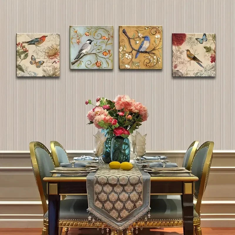 4pcs Elegant Floral & Bird Design Wall Art Canvas Framed