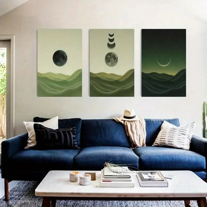 3pcs Moon Phases, Green Mountains    Wall Art Set Canvas Framed 40x60cm - High Quality Print 100% Australian Made Wall Canvas Ready to Hang