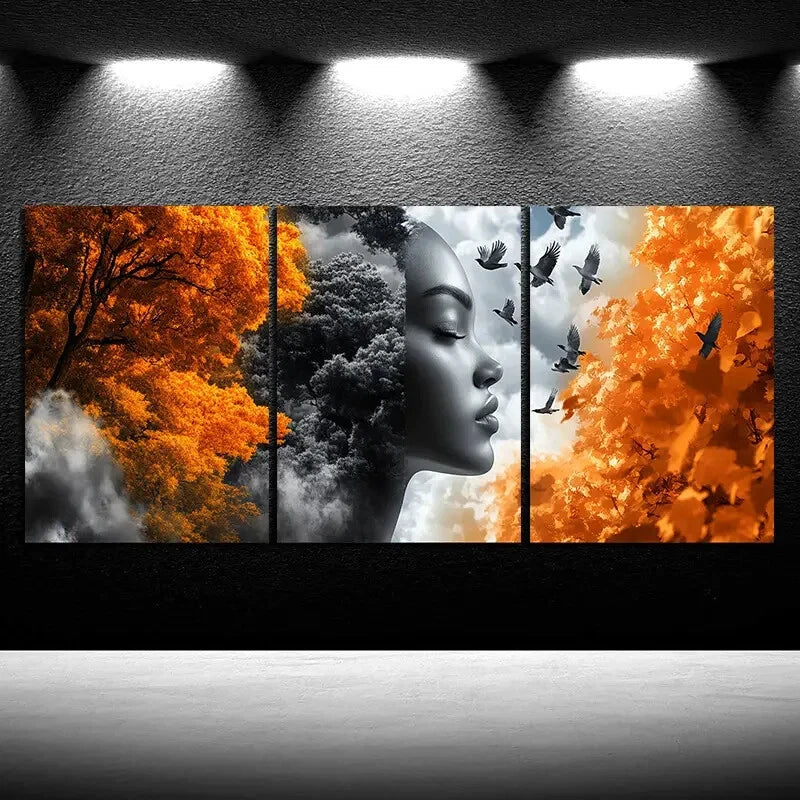 3pcs Trees and Women Golden Themed Flying Birds Metal Print Ready to Hang Art - Bella Home Decor