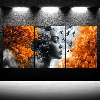 3pcs Trees and Women Golden Themed Flying Birds Metal Print Ready to Hang Art - Bella Home Decor