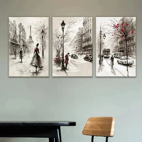 3pcs Street with People Cars and Eiffel Tower Wall Art Set Canvas Unframed - High Quality Print 100% Australian Made Wall Canvas