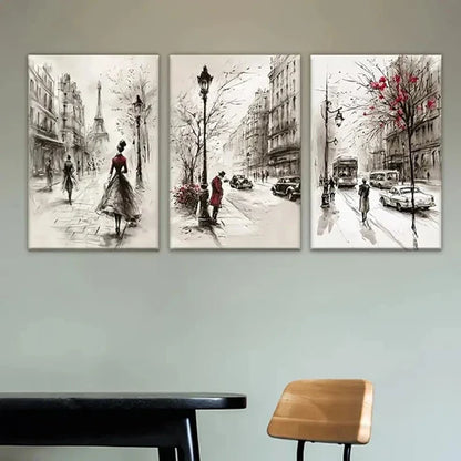 3pcs Street with People Cars and Eiffel Tower Wall Art Set Canvas Unframed - High Quality Print 100% Australian Made Wall Canvas