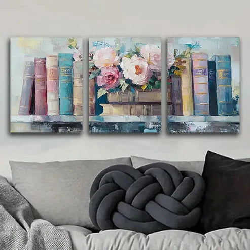 3pcs Books on the Shelf Rose Charm Perfect Wall Art Set Canvas Unframed - High Quality Print 100% Australian Made Wall Canvas - Bella Home Decor