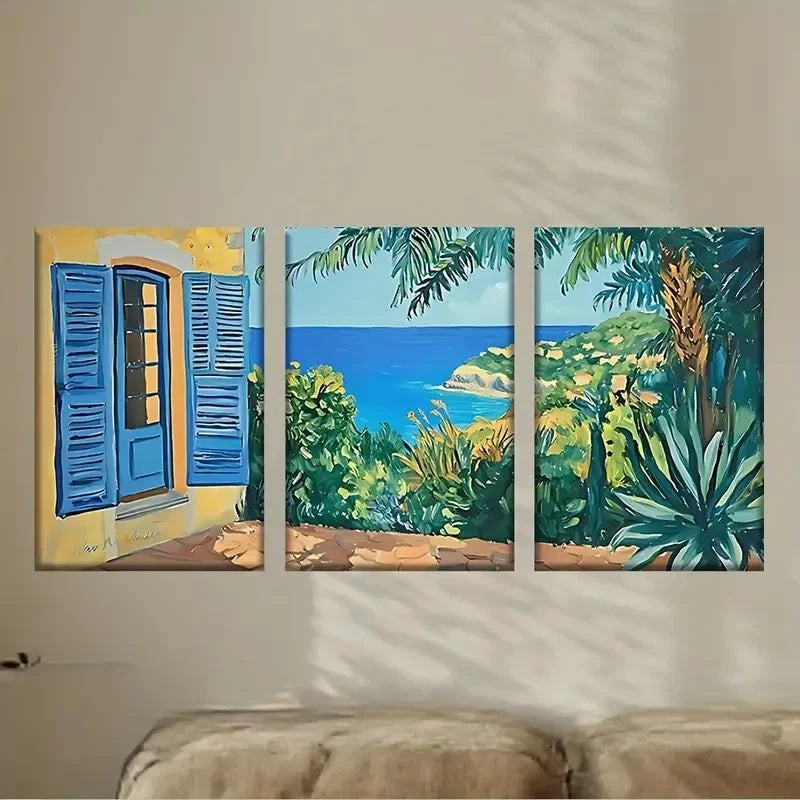 3pcs a painting of a window with a view Wall Art Set Canvas Framed 60x90cm - High Quality Print 100% Australian Made Wall Canvas Ready to Hang - Bella Home Decor