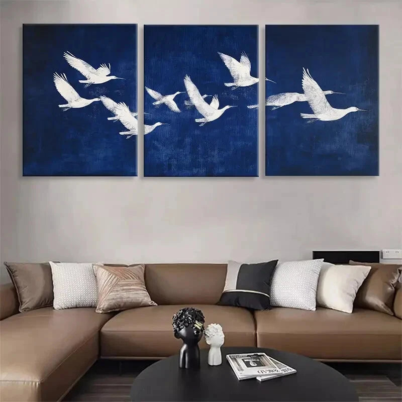 3pcs Elegant White Birds in Flight Blue Metal Print Ready to Hang Art - Bella Home Decor