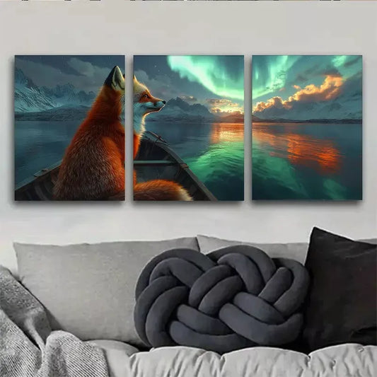 3pcs Aurora Borealis Fox Canvas Print Norther Wall Art Set Canvas Framed 40x60cm - High Quality Print 100% Australian Made Wall Canvas Ready to Hang