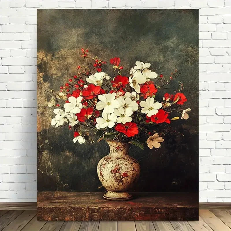Elegant Red & White Flowers In Vase Painting 40x60cm Metal Print Ready to Hang - Bella Home Decor