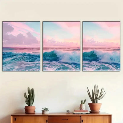 3pcs Ocean Wave Pink Sky Sea Landscape Perfect Wall Art Set Canvas Framed 40x60cm - High Quality Print 100% Australian Made Wall Canvas Ready to Hang - Bella Home Decor