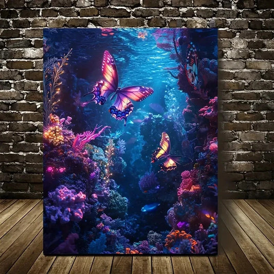 Dreamlike Coral Reef Scene with Glowing Neon Painting 40x60cm Metal Print Ready to Hang - Bella Home Decor