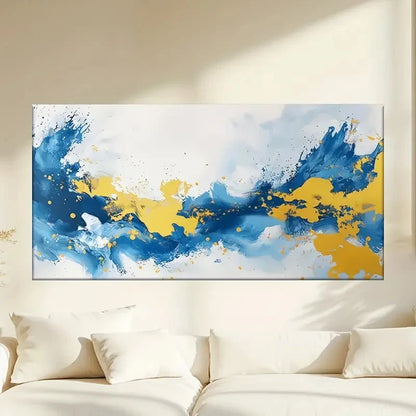 Blue & Yellow Splatter Design Wall Art Canvas Office Home Room Framed 120x60cm