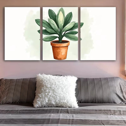3pcs Green Leaves Terracotta Planter Painting Wall Art Set Canvas Framed 50x70cm – High Quality Print 100% Australian Made Wall Canvas Ready to Hang