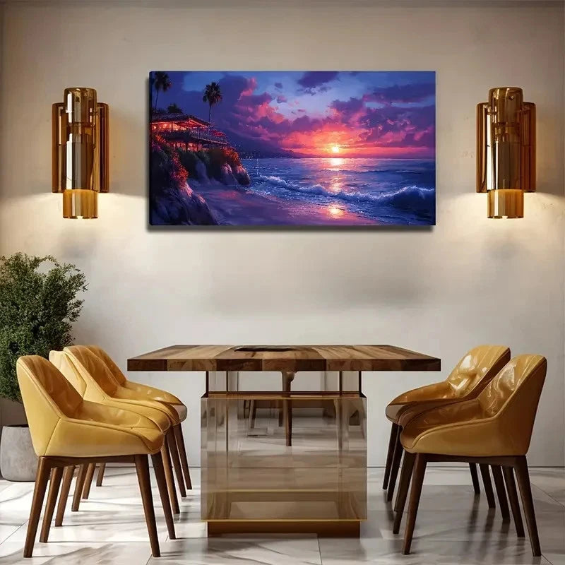 Sunset By Sea - Large Coastal Wall Art Canvas Office Home Room Framed 120x60cm