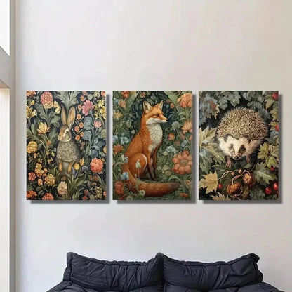 3pcs Bunny Fox Hedgehog with Flowers Wall Art Set Canvas Unframed - High Quality Print 100% Australian Made Wall Canvas - Bella Home Decor