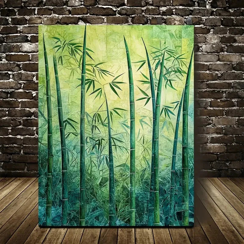 Beautiful Emerald Green Bamboo Meadow Serene Painting 40x60cm Metal Print Ready to Hang - Bella Home Decor