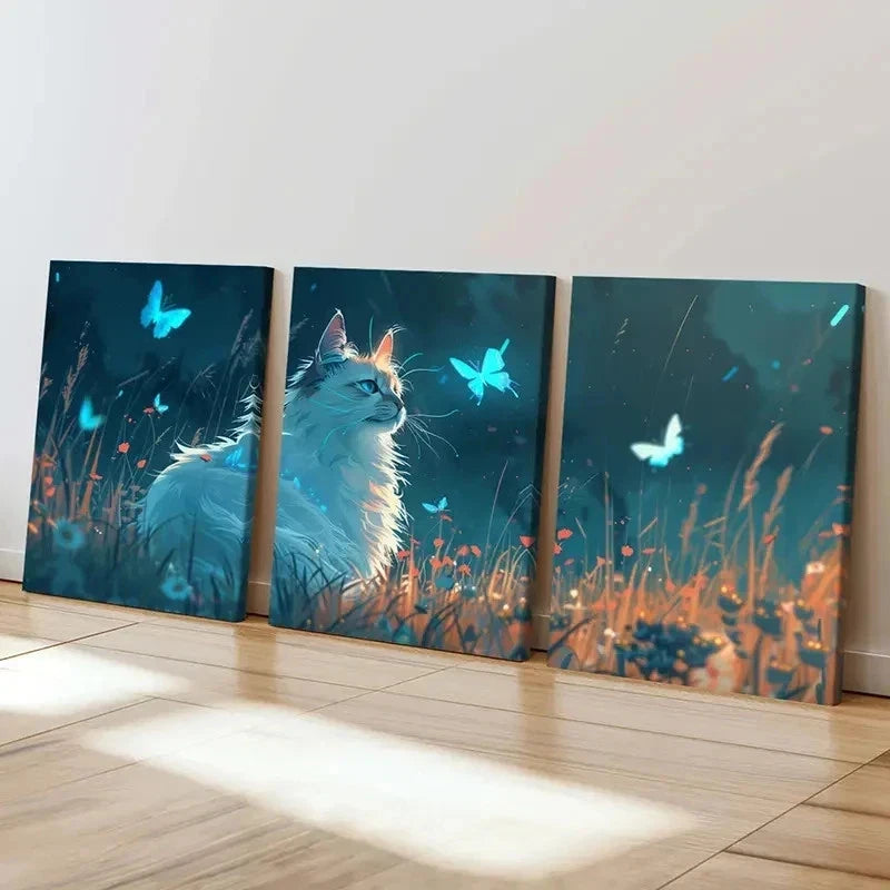 3pcs Animal Theme Fantasy Cat & Butterfly Wall Art Set Canvas Framed 60x90cm - High Quality Print 100% Australian Made Wall Canvas Ready to Hang - Bella Home Decor
