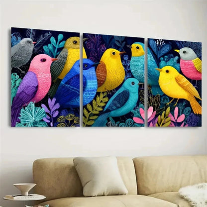 3pcs Colorful Birds Nature Gouache Nursery Art Wall Art Set Canvas Framed 50x70cm - High Quality Print 100% Australian Made Wall Canvas Ready to Hang - Bella Home Decor