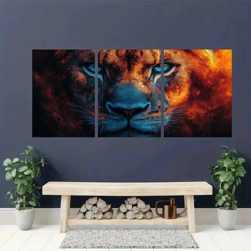 3pcs Lion with Fiery Orange & Blue Hues Wall Art Set Canvas Framed 50x70cm - High Quality Print 100% Australian Made Wall Canvas Ready to Hang