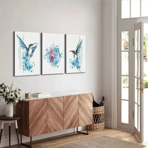 3pcs Creative Vibrant Blue Hummingbird Canvas Unframed - High Quality Print 100% Australian Made Wall Canvas - Bella Home Decor