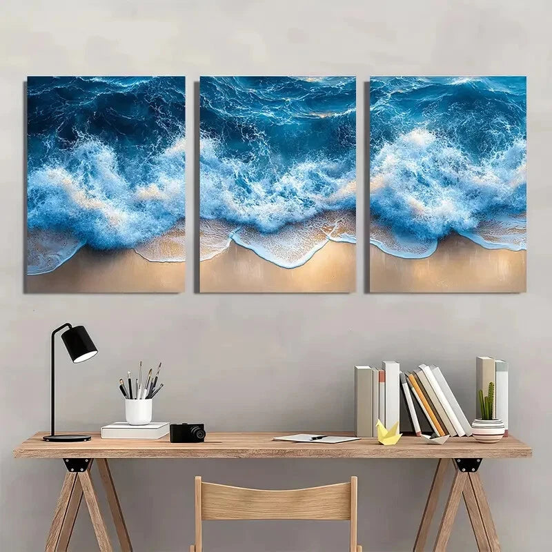 3pcs Soothing Beach Art Triptych Ocean Waves Metal Print Ready to Hang Art
