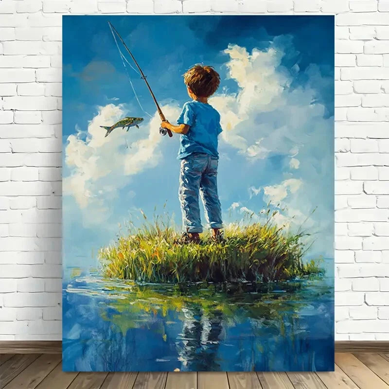 Beautiful Modern Vintage Fishing Adventure Painting 40x60cm Metal Print Ready to Hang - Bella Home Decor