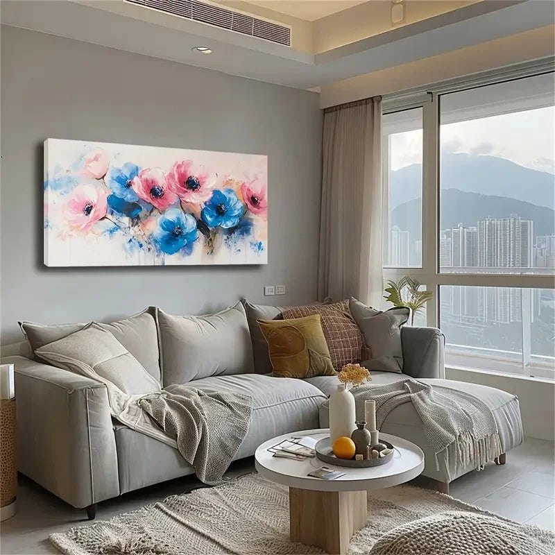 Blue And Pink Flowers On A Warm Wall Art Canvas Office Home Room Framed 120x60cm