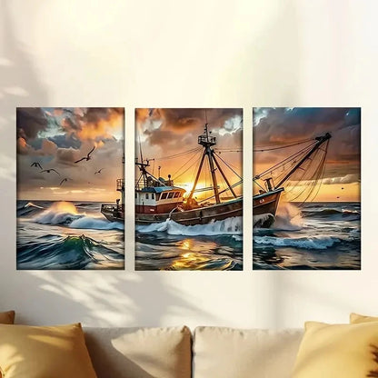 3pcs a boat in the ocean Wall Art Set Canvas Framed 50x70cm - High Quality Print 100% Australian Made Wall Canvas Ready to Hang - Bella Home Decor