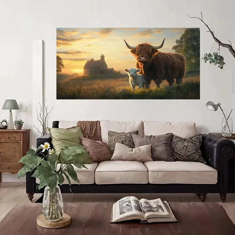 Scottish Longhorns & Cottage Wall Art Canvas Office Home Room Framed 120x60cm