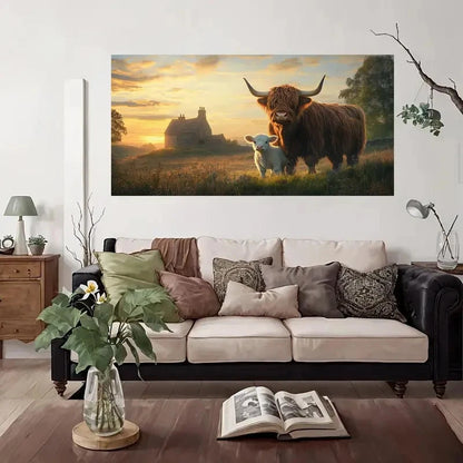 Scottish Longhorns & Cottage Wall Art Canvas Office Home Room Framed 120x60cm
