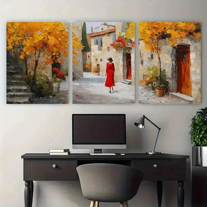 3pcs Woman In Red Dress Walking Through Perfect Wall Art Set Canvas Framed 50x70cm - High Quality Print 100% Australian Made Wall Canvas Ready to Hang
